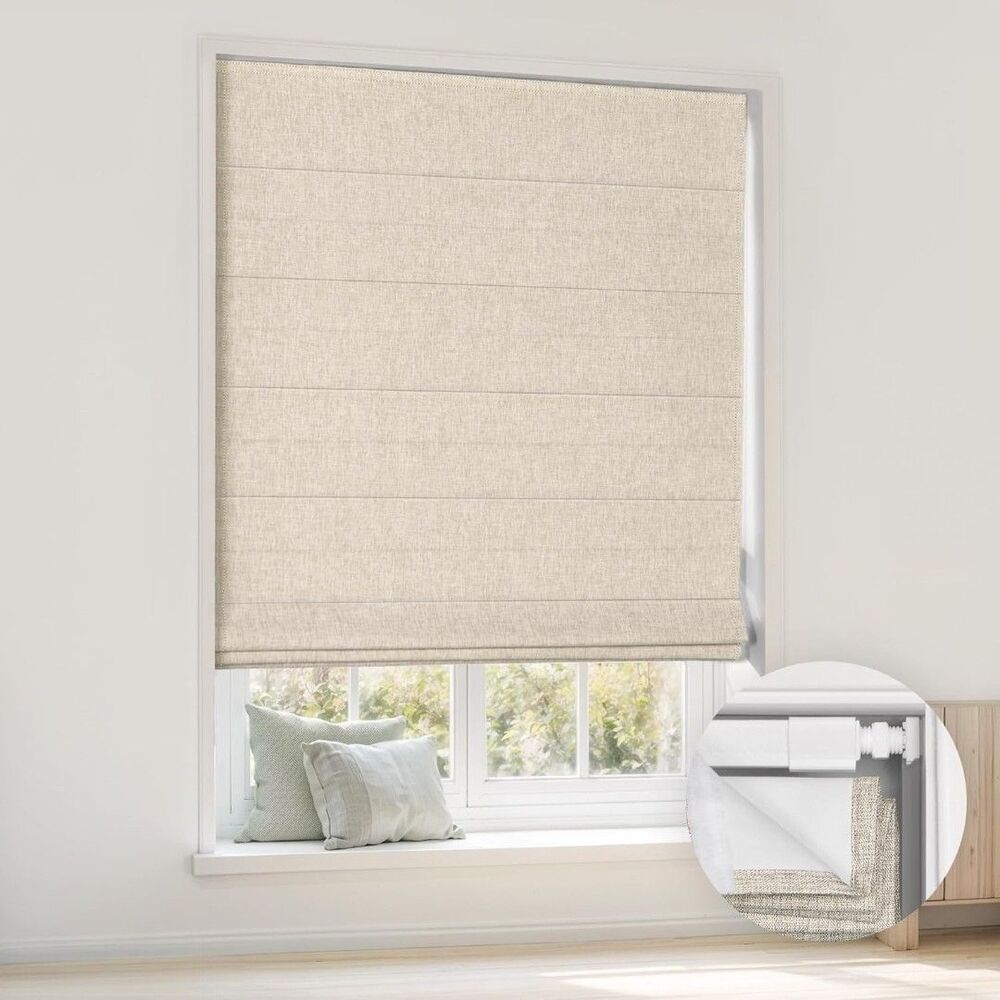 LazBlinds Beige Fax Linen Fabric No Drill Cordless Roman Shades Blackout 27"×64"